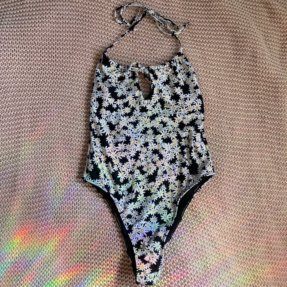 topshop one piece swimsuit black daisy print